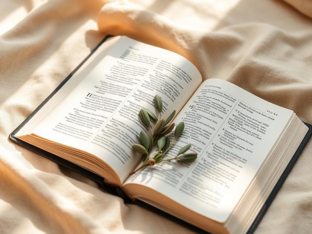 Open Bible with olive sprig in soft morning light