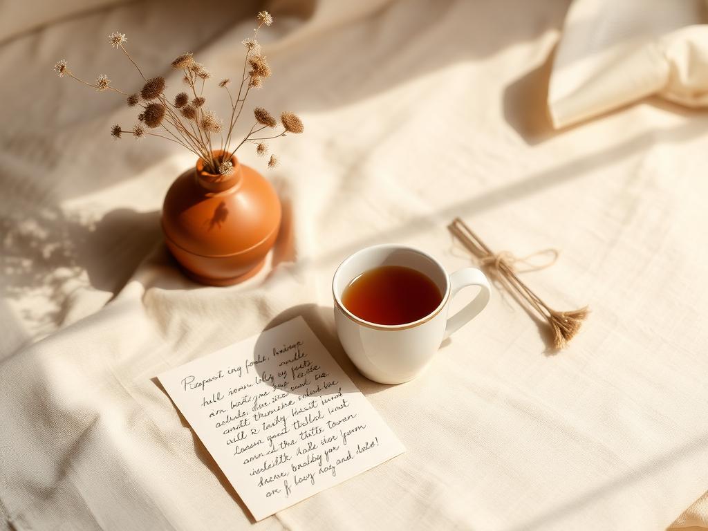 Handwritten letter and ceramic mug of tea on warm linen